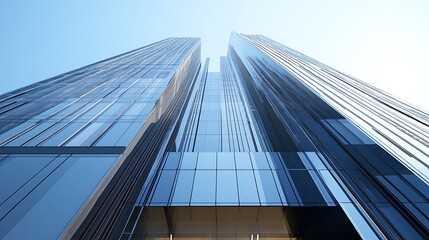 Low angle view of two modern glass skyscrapers reaching towards the sky.