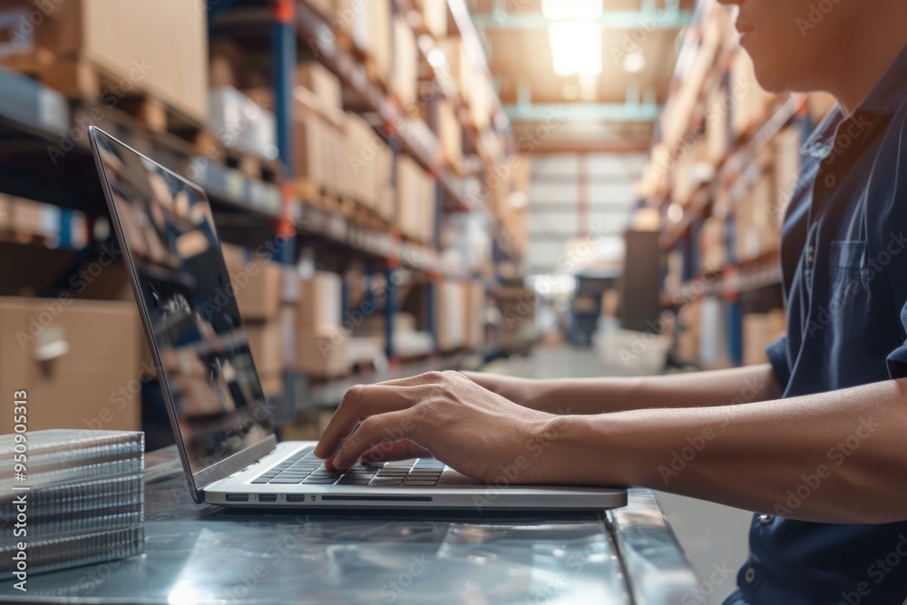 Poster Man using laptop in a warehouse setting