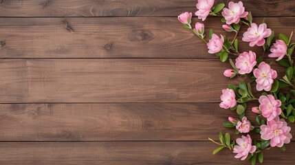Pink flowers arranged on rustic wooden background with copy space, perfect for banners, marketing, and greeting cards.