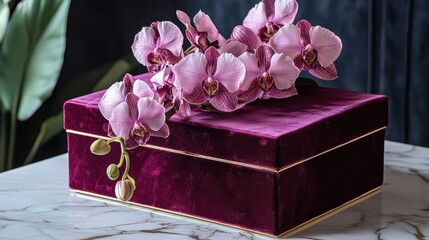 Elegant Pink Orchids Adorning a Luxurious Velvet Box