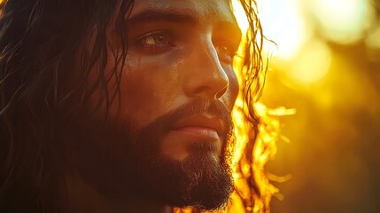 A close-up portrait of a man with long, dark hair and a beard, bathed in warm golden light. His eyes gaze off into the distance, creating a sense of mystery and contemplation.