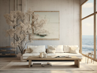 Wabi sabi japanese style rustic interior in with wood, pottery and texture elements