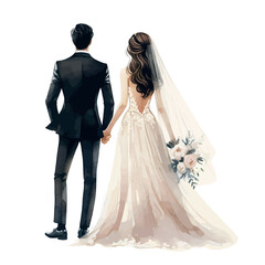 watercolor beautiful wedding embracing couple back view on white background. couple in wedding clothes