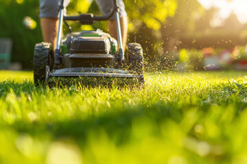 Side view of man using lawn mower cutting the grass in the backyard.