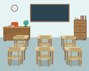 Empty classroom interior with blackboard, school desks and tables