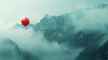 A Red Balloon's Journey Through Misty Mountain Landscapes