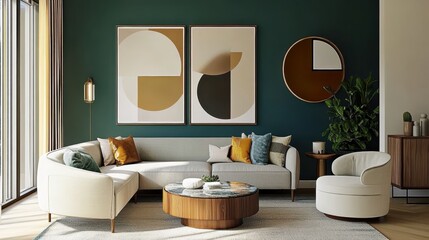 modern minimalist living room, mid-century modern style, curved gray sofa set, large geometric abstract wall art in neutral earth tones, muted teal accent wall, potted plant in corner, hardwood floors