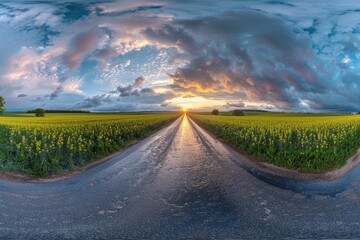 Fototapeta premium 360 degree panoramic view of wet asphalt road in canola fields at sunset after a storm with stunning clouds in VR AR format