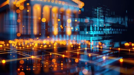 Government building transforming into digital code with light trails