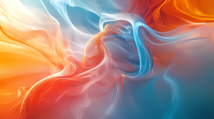 Fototapeta premium Abstract composition of swirling, colorful, and semi-transparent smoke-like forms in shades of orange, blue, and red, creating a dynamic and ethereal effect. Ethereal. Illustration