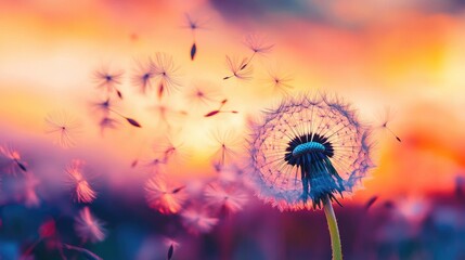 Naklejka premium A dandelion puff with seeds dispersing in the wind, against a vibrant sunset background.