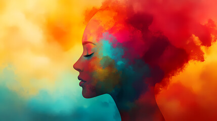 Abstract representation of human creativity and thought process, displaying vibrant colors and ethereal imagery within a human head silhouette. Ethereal. Illustration