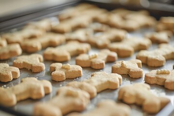 A group of homemade dog treats in bone shapes focused on one