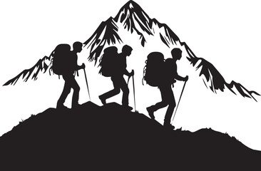 Silhouette of boys walking on mountain with walking sticks and backpacks, boys hiking on mountains vector icon