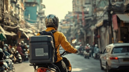 Fototapeta premium A delivery worker on a motorcycle in a dense urban area, navigating traffic to ensure timely deliveries
