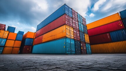 Fototapeta premium A stack of colorful shipping containers at a port, ready to be transported across the globe