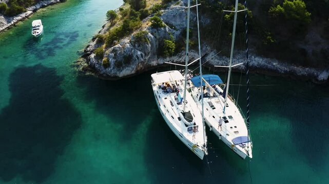 Cinematic aerial shots of a sailing boat in Croatia's Kornati archipelago. Crystal-clear waters, serene bays, and vibrant holiday scenes. Perfect for luxury travel, adventure, and summer vacation.