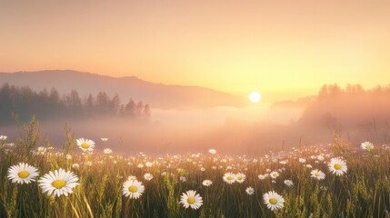 A dreamy landscape with daisies in the foreground and a hazy sunrise in the background, capturing the tranquility of dawn