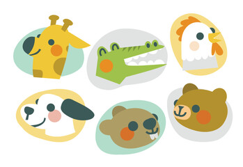 Cute Animal Head Illustration Character Collection. Isolated Flat Vector Style