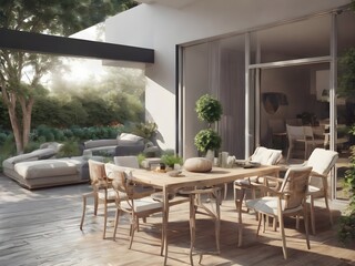 Fototapeta premium Outdoor terrace with wooden table and chairs
