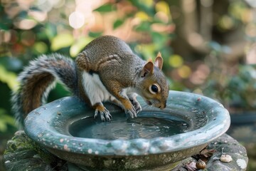 A squirrel eats by the birdbath