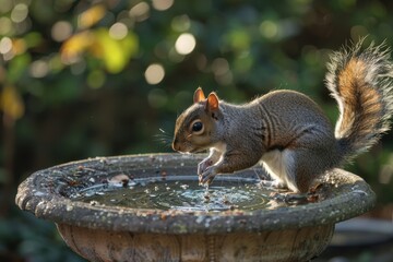 Obraz premium A squirrel sips water from the bird bath