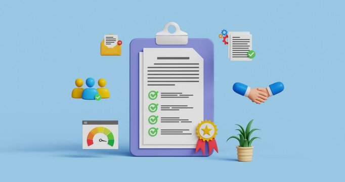 Quality control or certified approval, quality standard assurance. Corporate policy or compliance. 3D clipboard with guarantee checklist and rating badge. 4k 3d animation. Trim first 3 sec for loop