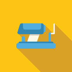 Blue stapler fastening paper with metal staples on a yellow background