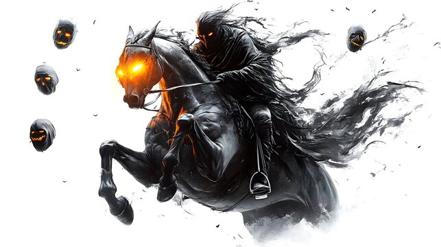 A headless horseman in full gallop, clutching a glowing mask, other spooky Halloween masks flying in the wind, cinematic realism, isolated on white background