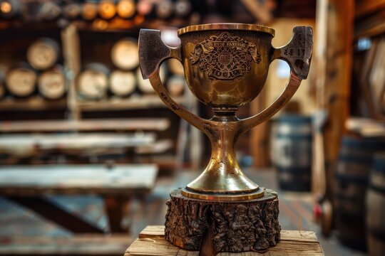 A trophy showcased at an axe throwing hall for recreational and competitive leagues