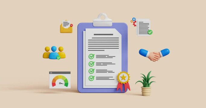 Service excellence, high quality service concept. Customer satisfaction. 3D clipboard with guarantee checklist and rating badge. 4k 3d animation. Trim first 3 sec for loop