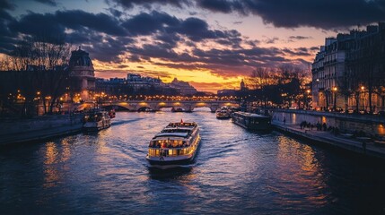 Naklejka premium A city river with boats traveling during the day, gradually illuminated by streetlights and reflections as night falls