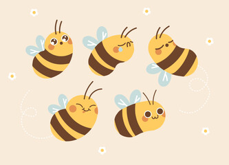 Cute Bee Expression Illustration Character Collection. Isolated Flat Vector Style.