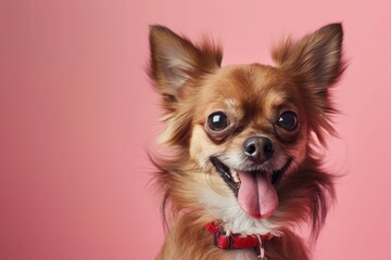 Fototapeta premium Adorable Mexican chihuahua dog with tongue out on pink background looking at camera red collar Plenty of space for text
