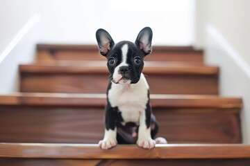 adorable puppy perched on stairs