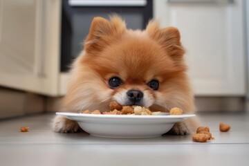 Adorable pup munching on food