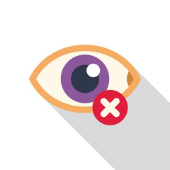 Human eye with red cross showing no looking sign, flat vector icon with long shadow