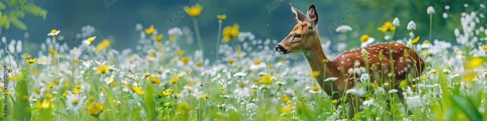 Sticker Vibrant meadow in bloom showcasing an array of white and yellow flowers, accompanied by a Roe deer feeding on lush green foliage.