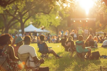 African American group enjoys free outdoor music festival in Houston park Audience sits on chairs grass under open tent Vintage vibe