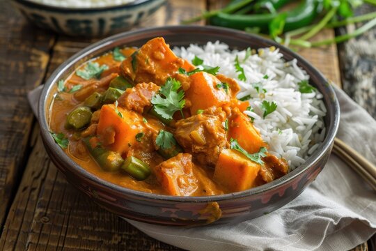 African chicken stew with peanuts sweet potatoes okra and basmati rice