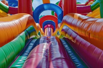 Air escapes from inflatable obstacle course in amusement park Description of various attractions Holiday planning