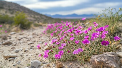 Obraz premium A close-up of desert flowers blooming after a rare rain, adding bright pops of color to the arid landscape