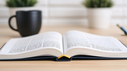 Naklejka premium A book is open on a table with a cup next to it