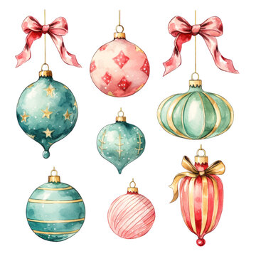 Christmas ornaments and baubles. Watercolor pastel colored isolated clipart
