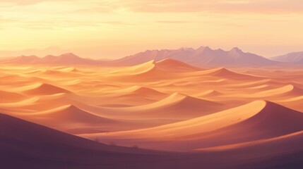 A desert landscape at dawn, with the first light of day illuminating the dunes in soft, golden tones
