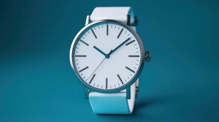 A white watch with a blue face sits on a blue surface
