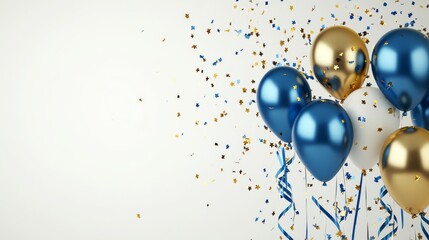 Golden and blue metallic balloons with confetti and ribbons on a light background with copy space