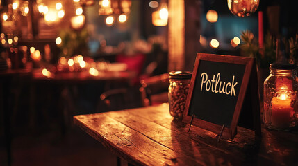 Cozy potluck sign on wooden table, surrounded by warm candlelight and rustic decor, creating welcoming atmosphere for gatherings.