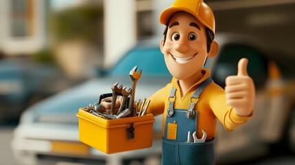 Fototapeta premium Cheerful Construction Worker Smiling and Giving Thumbs Up with Toolkit of Tools