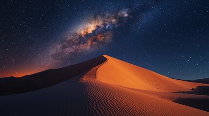 A high-resolution shot of a sand dune under the night sky, with the Milky Way stretching across the darkness above